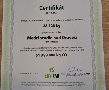 Aktuality / Obec získala za rok 2023 CERTIFIKÁT - triedený zber komunálneho odpadu - foto
