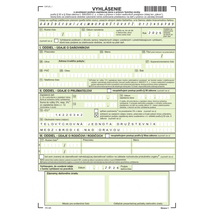 Vážení občania. Darujte svoje 2 % zo zaplatenej dane našej Telovýchovnej jednote